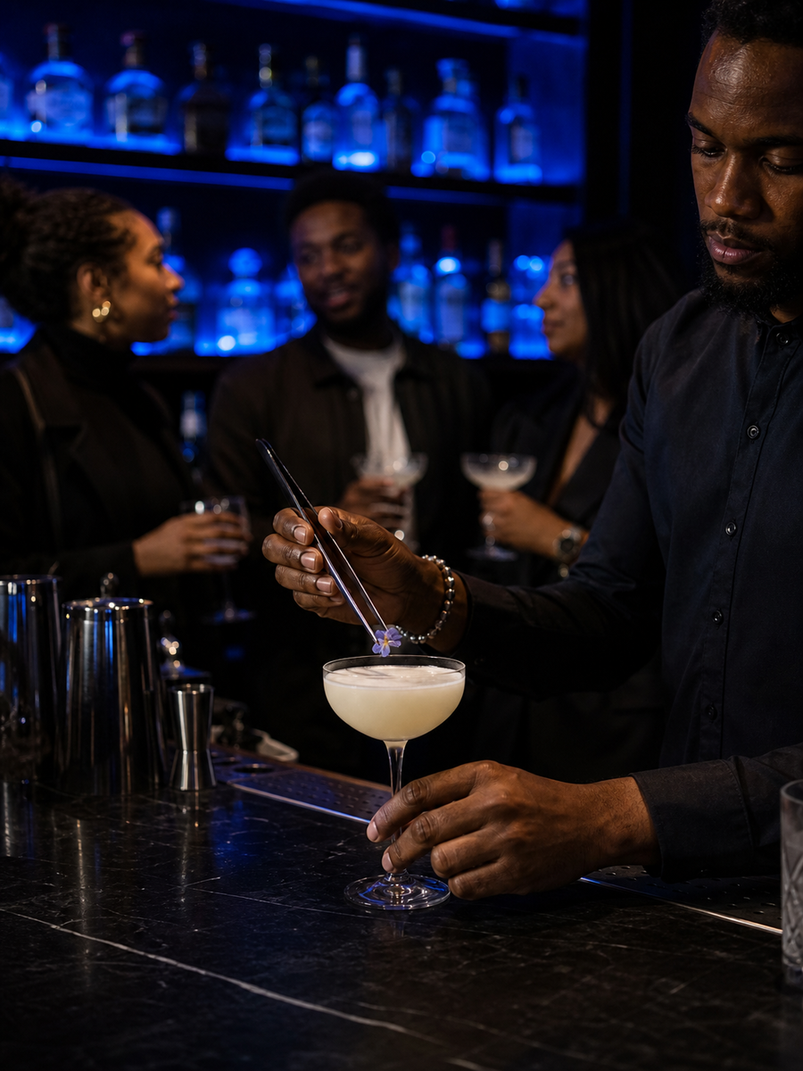 Signature cocktail at a backlit 529 bar